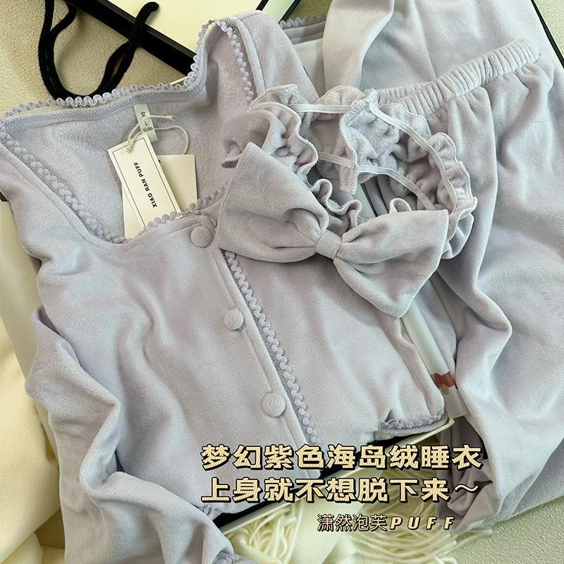 秋冬紫嘟嘟海岛绒小香风甜美睡衣女秋冬女士家居服保暖加绒套装