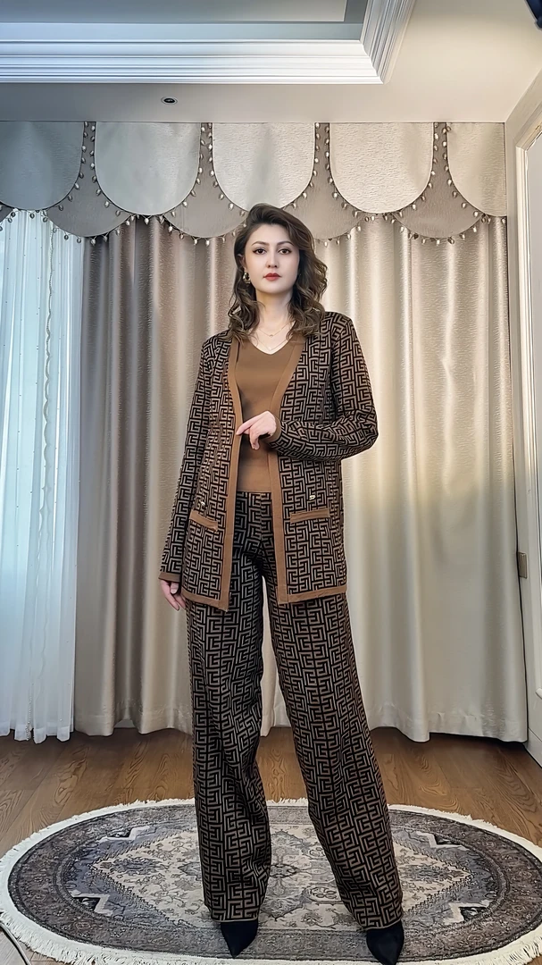 欧美时尚印花披肩外套内搭马甲背心+阔腿长裤休闲宽松针织三件套