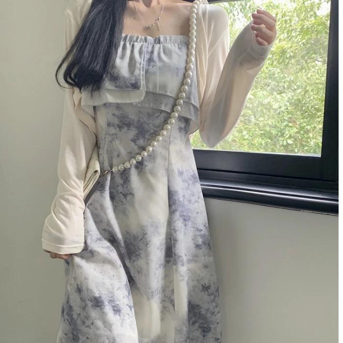 烟雨江南水墨晕染裹胸一字肩连衣裙防晒衣长袖开衫薄款外搭空调衫
