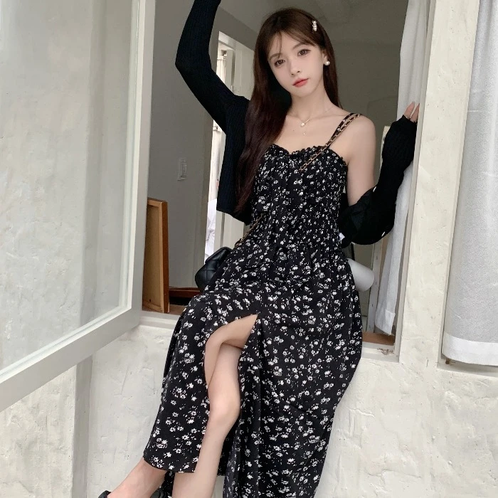 质量好女装气质裙子碎花显瘦长袖修身复古碎花连衣裙