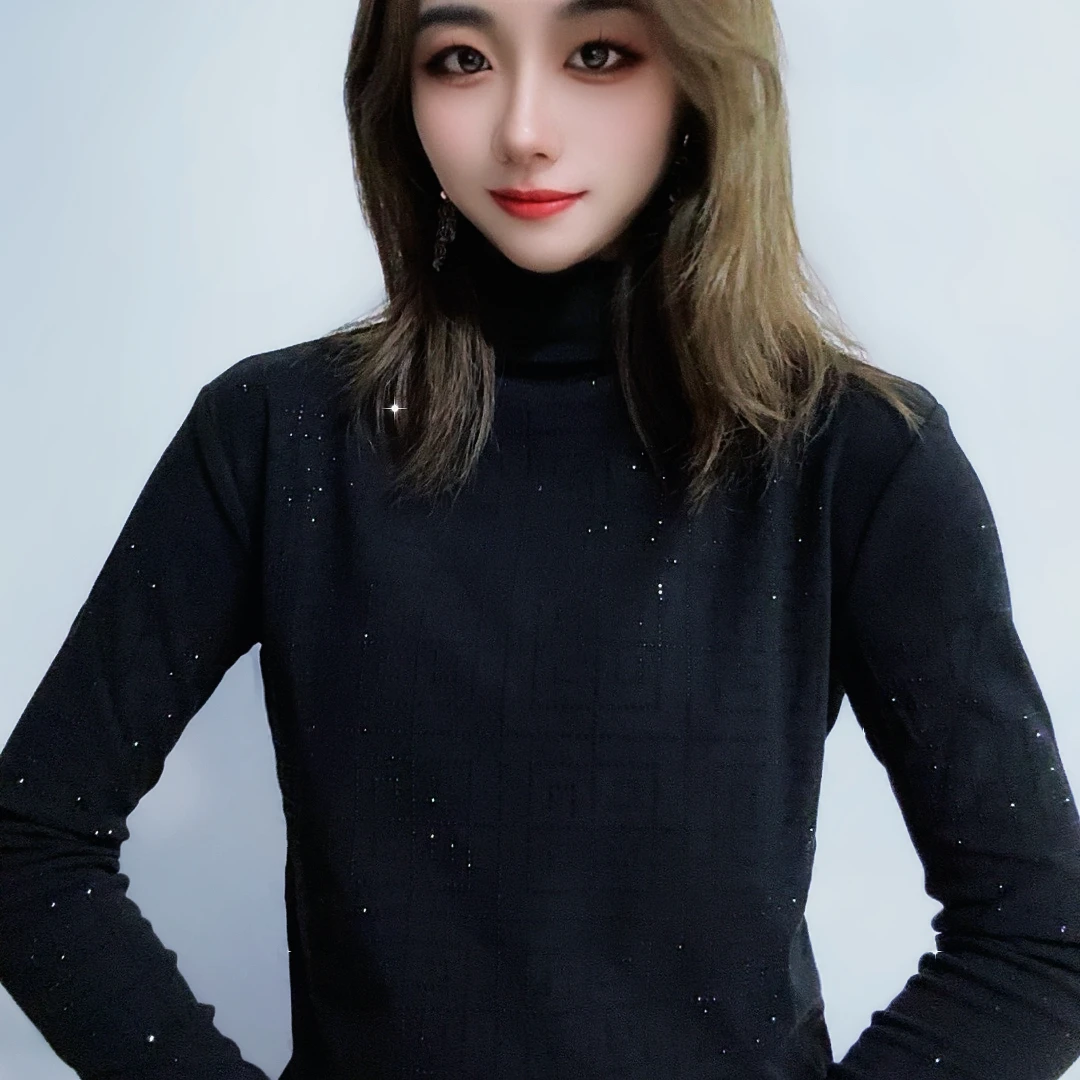 4208【磨毛保暖】 迷宫时尚半高领长袖上衣重工烫钻T欧货显瘦打底衫