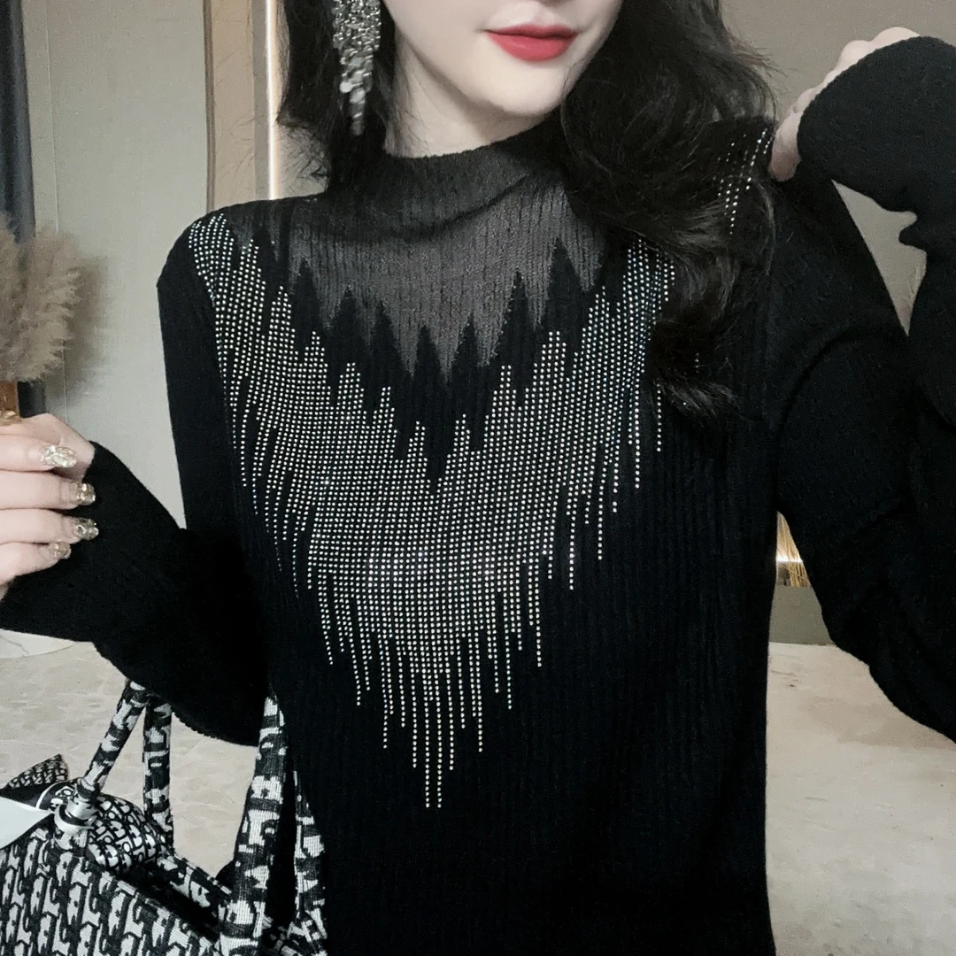 300【春秋款】性感半高领亮钻爆款高端洋气时尚重工烫钻打底衫女
