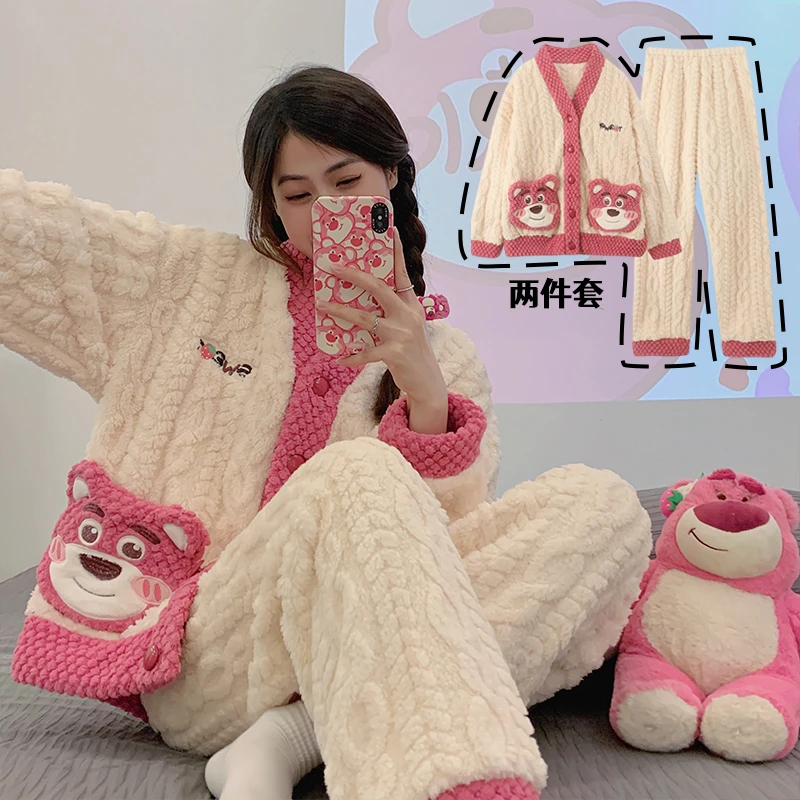 加绒加厚睡衣女麦穗提花珊瑚绒纽扣拼接设计草莓熊卡通家居服套装