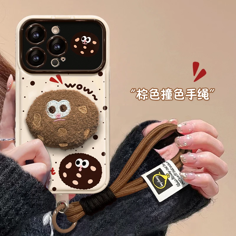 毛绒曲奇翻盖镜子大视窗苹果15iPhone14华为vivo小米oppo女手机壳