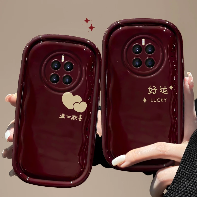 华为mate50手机壳酒红简约文字小胖子红色创意女款可爱全包防摔