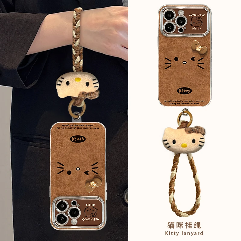 棕色KT猫适用苹果15/华为/vivo/oppo/小米电镀大视窗手机壳
