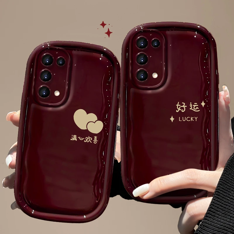 OPPOReno5pro手机壳酒红简约文字小胖子女款创意红色可爱全包防摔