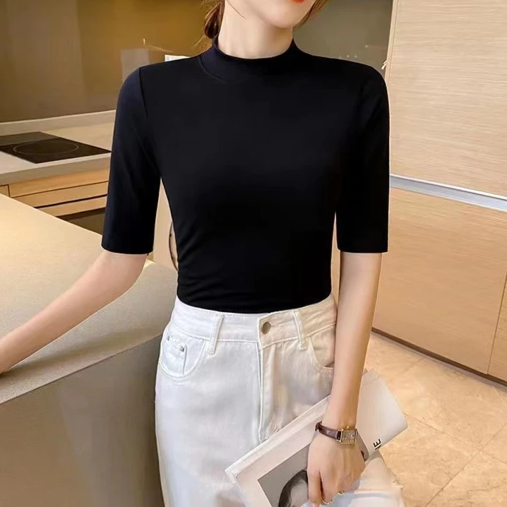 半高领中袖t恤打底衫女修身薄款五分袖遮肉显瘦上衣女弹力纯色