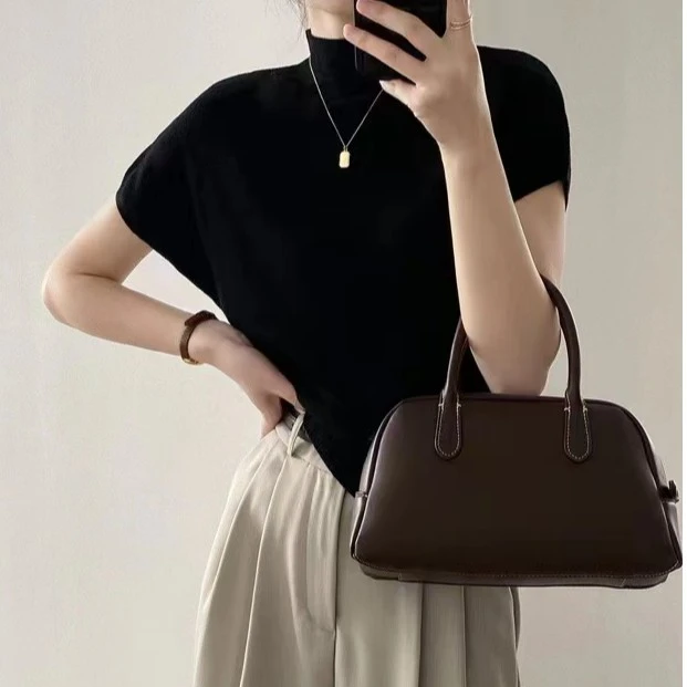 细羊飞袖t恤半高领冰丝针织衫短袖女夏季圆领套头正肩T恤上衣