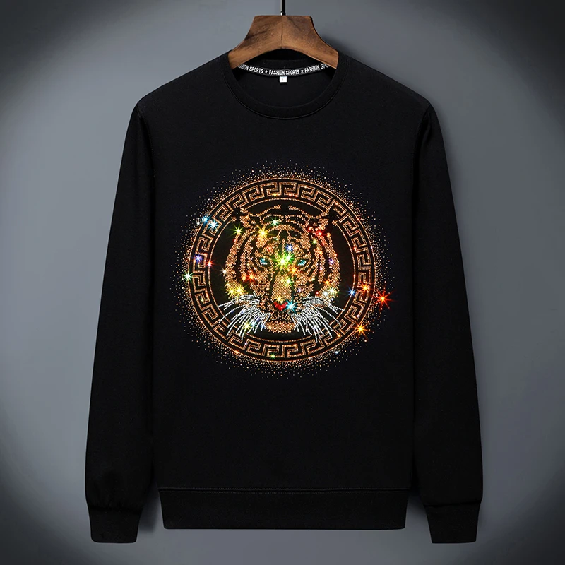 秋冬新款潮牌时尚老虎图案男士卫衣上衣加绒潮流休闲男装圆领长袖