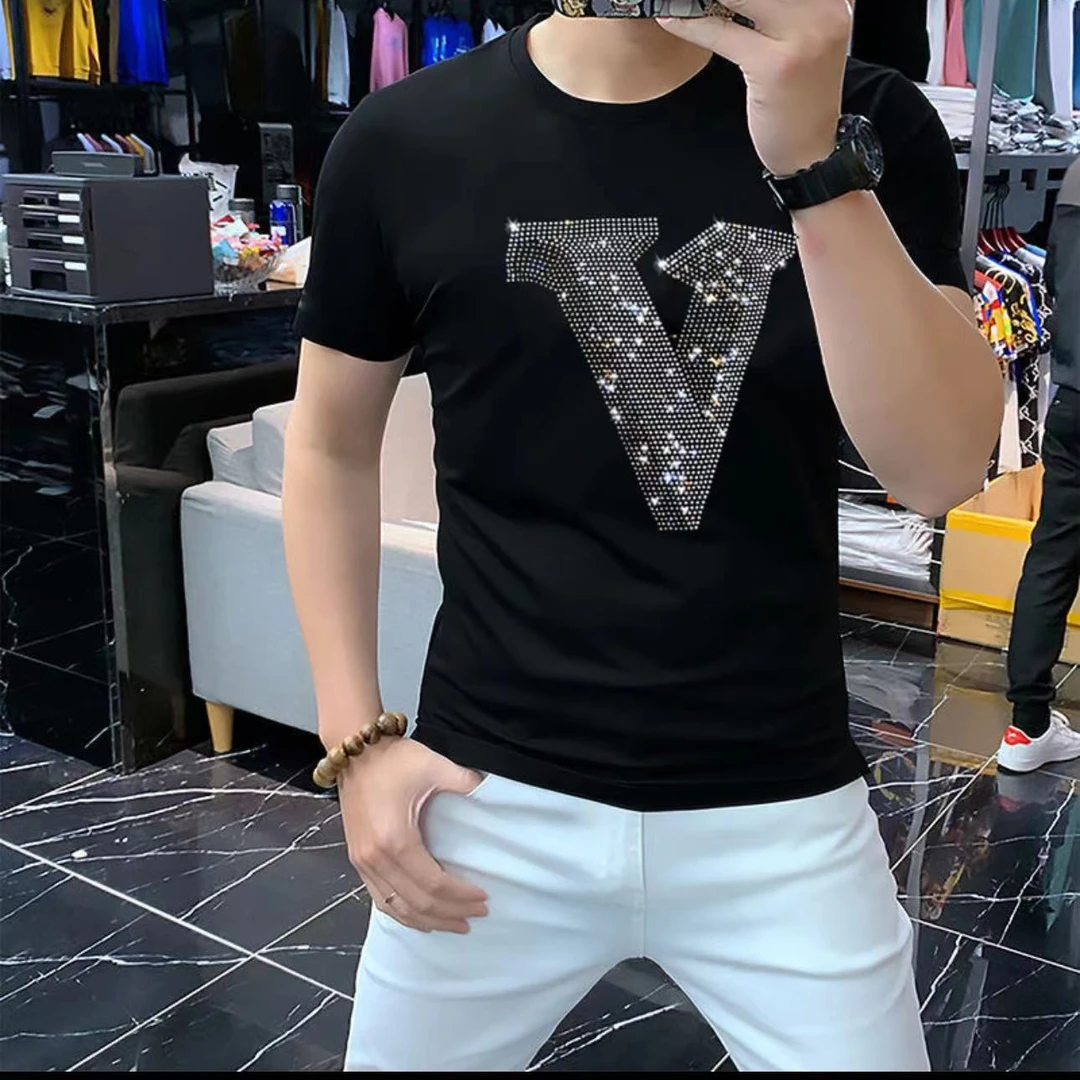 夏季新款男士男装T恤短袖重工烫钻字母V时尚休闲高品质修身半袖