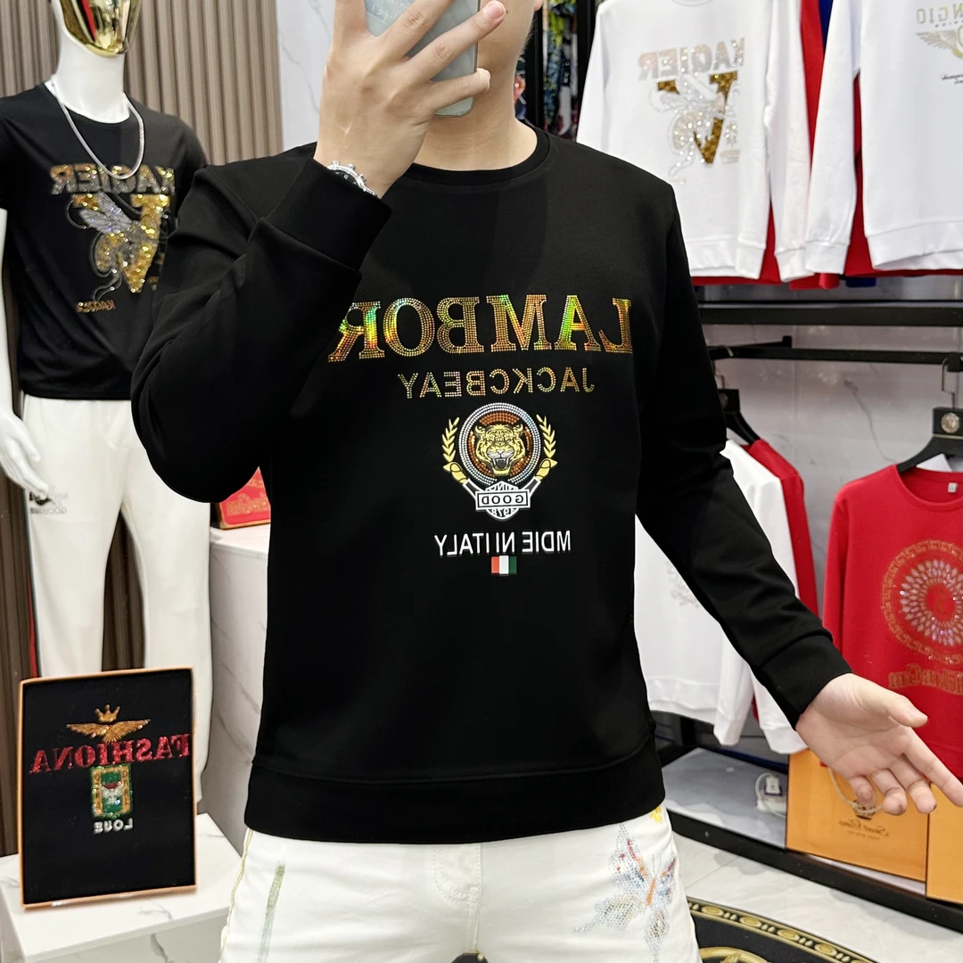 秋冬新款时尚百搭男士长袖卫衣镭射亮片休闲简约款高品质修身圆领