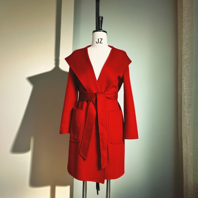 JZ纯色女连帽冬季中长款毛呢外套女装毛呢翻领双面呢气质女士