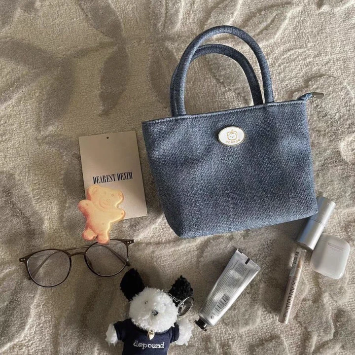 新款小众牛仔蓝帆布包简约质感复古纯色斜挎包休闲手提包手机包包