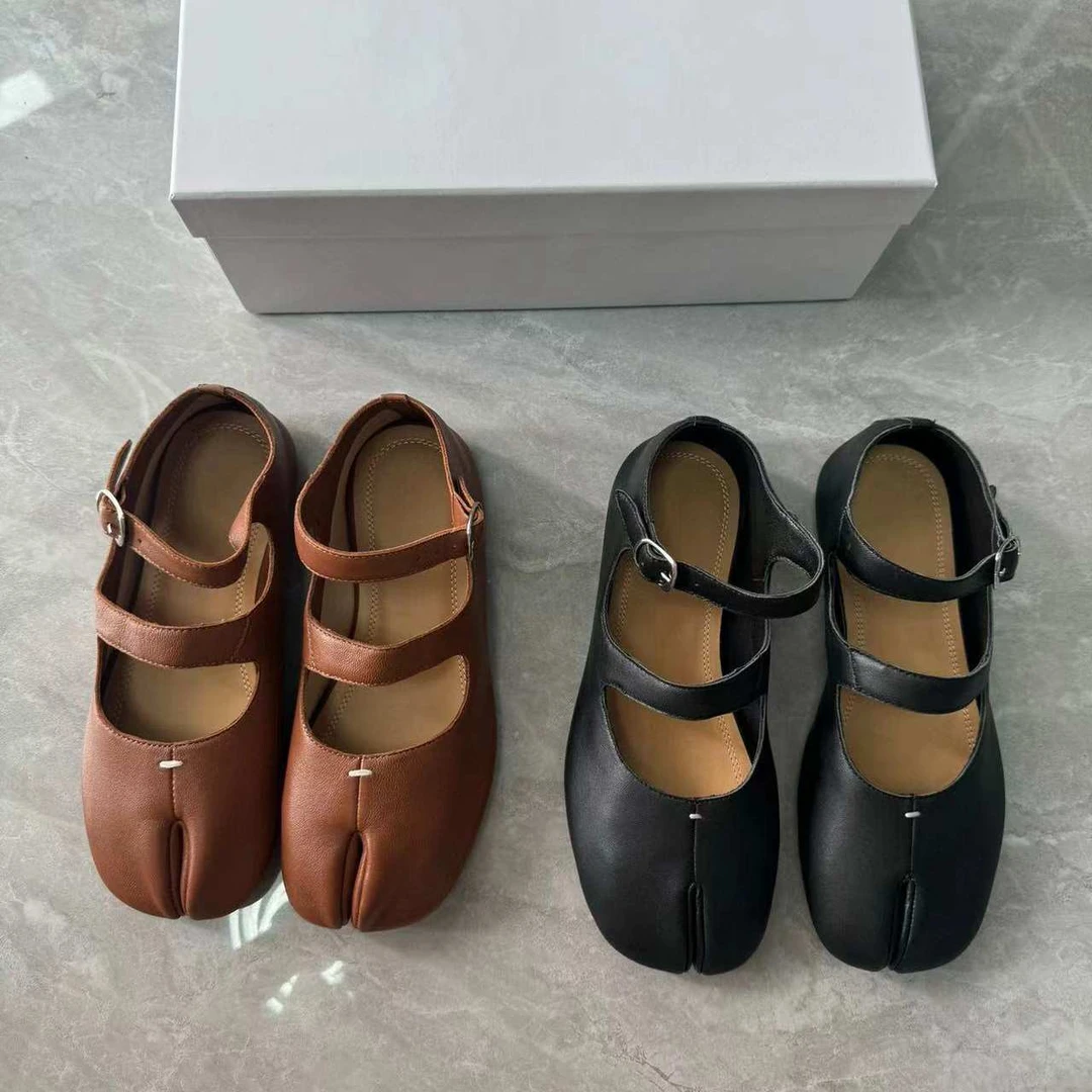外贸东莞女鞋2024秋新款舒适气质羊皮分趾真皮玛丽珍双带浅口单鞋