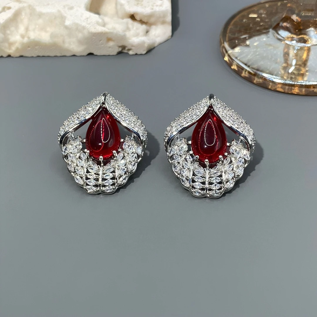 铜合金合成锆石耳饰 欧美风红色水滴精美微镶时尚流行耳钉【A-350】