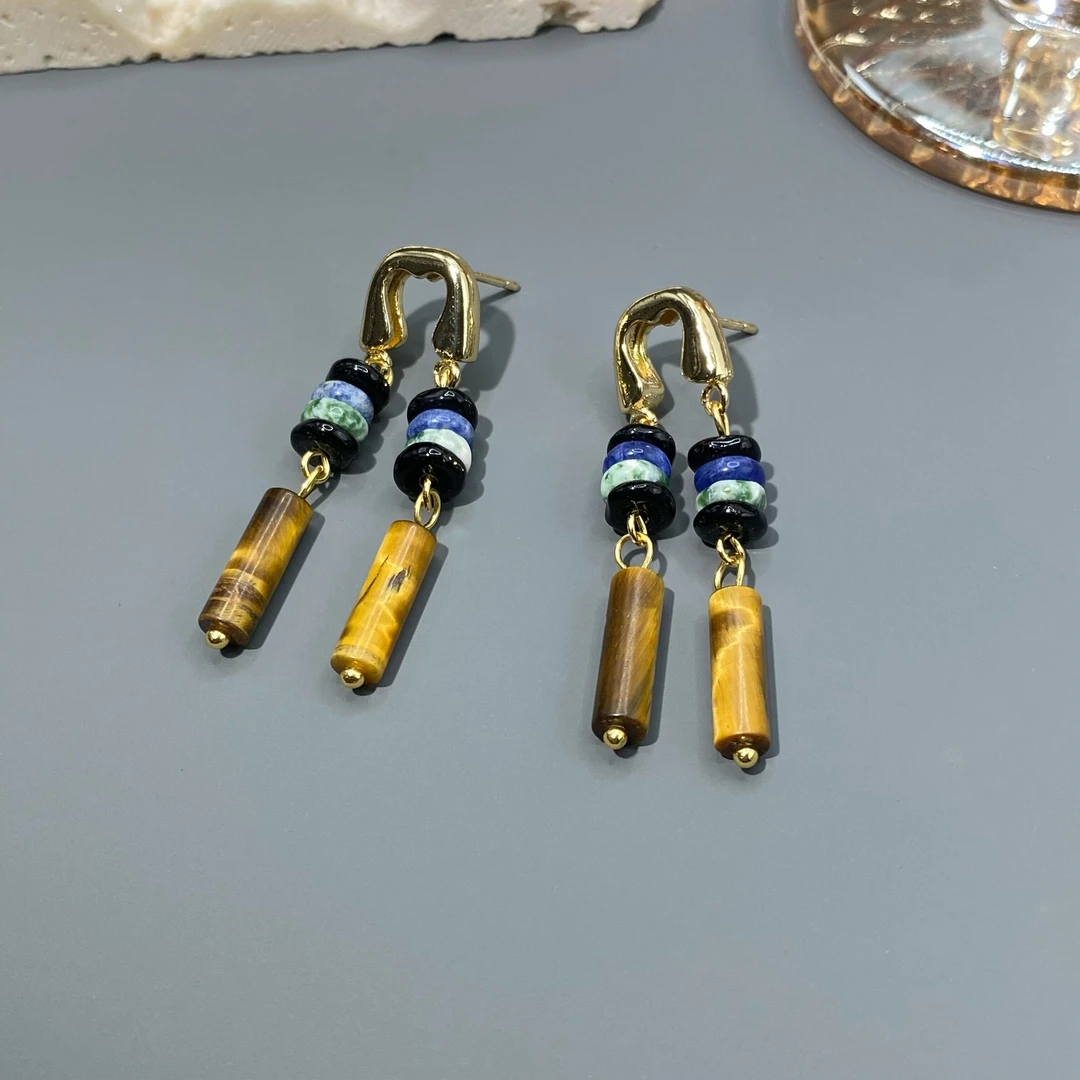 铜合金耳饰 新中式复古轻奢 小众设计师款个性流苏彩石耳坠【A-55】