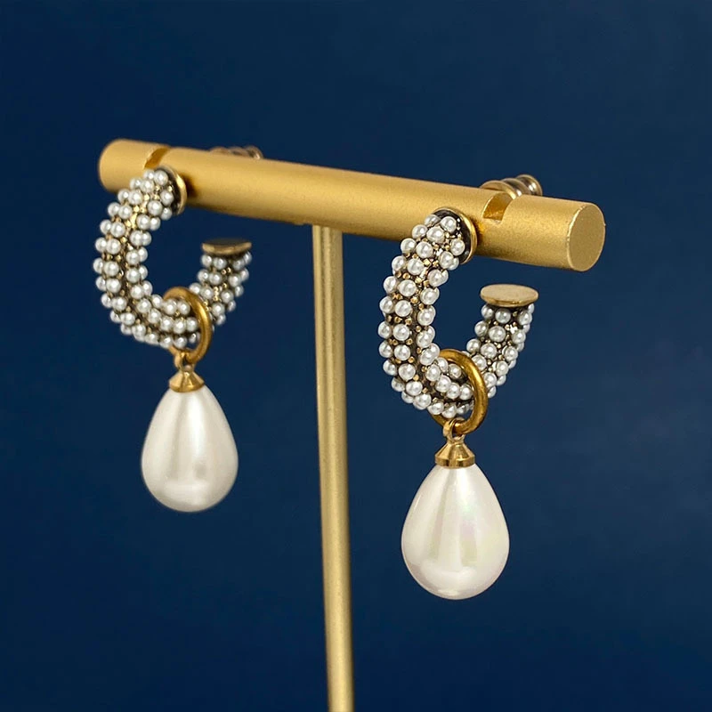 铜合金耳饰 8023 法式气质走秀风 百搭珠珠简约高定设计师款耳坠