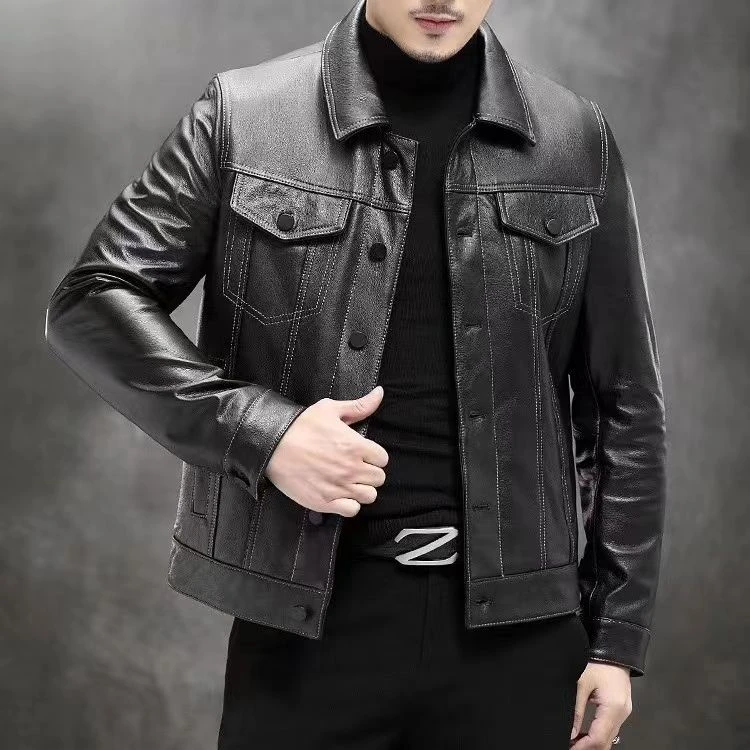 男士春秋时尚翻领纽扣款头层牛皮皮衣百搭休闲潮流帅气经典不过时