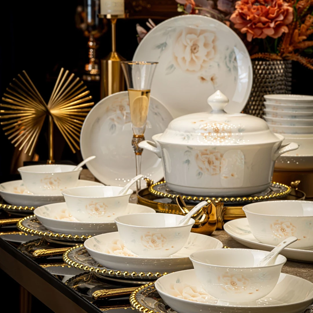 国色天香60+送32件高温简约结婚乔迁送礼碗盘景德镇骨瓷餐具套装