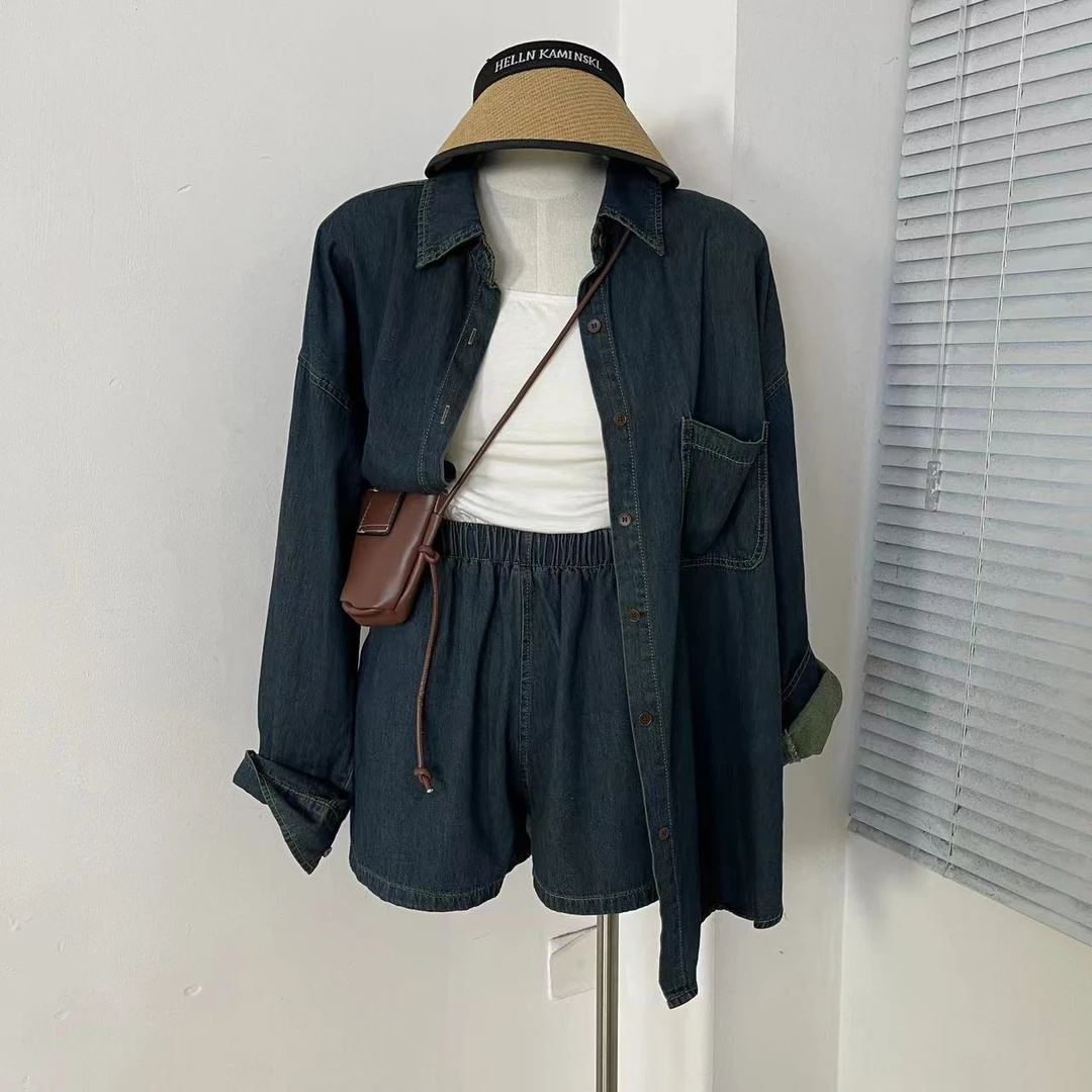 keke定制 韩国东大门早秋时尚百搭复古宽松韩版显瘦休闲牛仔套装