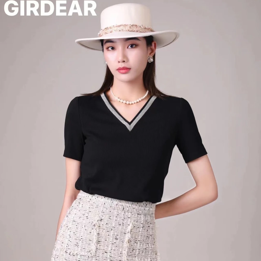 GIRDEAR/哥弟1300421 夏季新款气质百搭显瘦V领带钻上衣短袖T恤