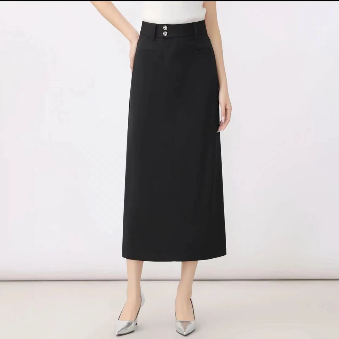 GIRDEAR/哥弟1200369 新款高腰两粒扣显高显瘦时尚百搭直筒半身裙