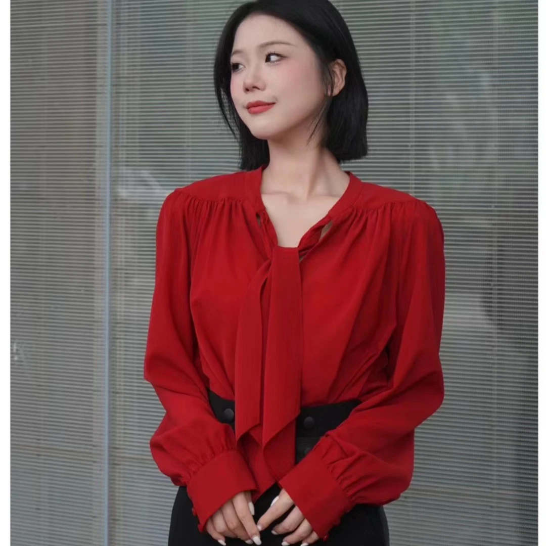 GIRDEAR/哥弟女士1300730 新款百搭时尚圆领飘带长袖气质红色衬衫
