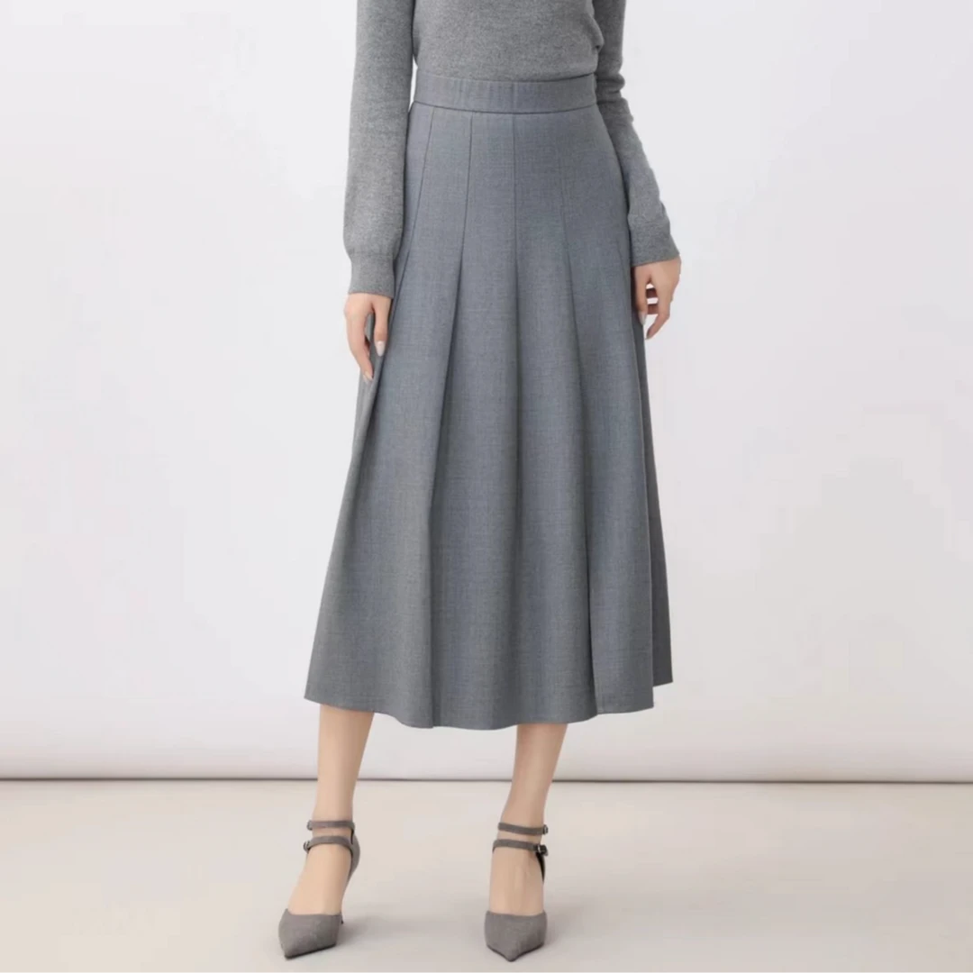 GIRDEAR/哥弟1200325  绵羊毛百搭时尚A字高腰显瘦六片压褶半身裙
