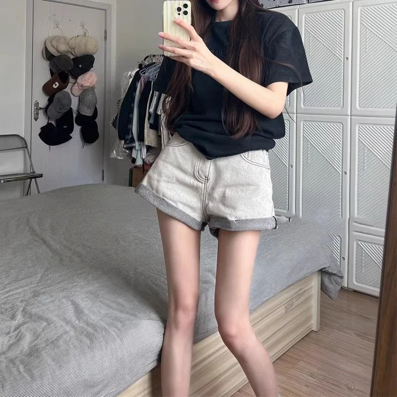 夏季时尚辣妹高腰热裤港味百搭休闲薄款设计感小众卷边潮牛仔裤女