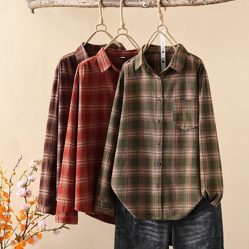 加厚磨毛格子衬衫女秋冬季新款宽松百搭复古大码休闲纯棉长袖衬衣