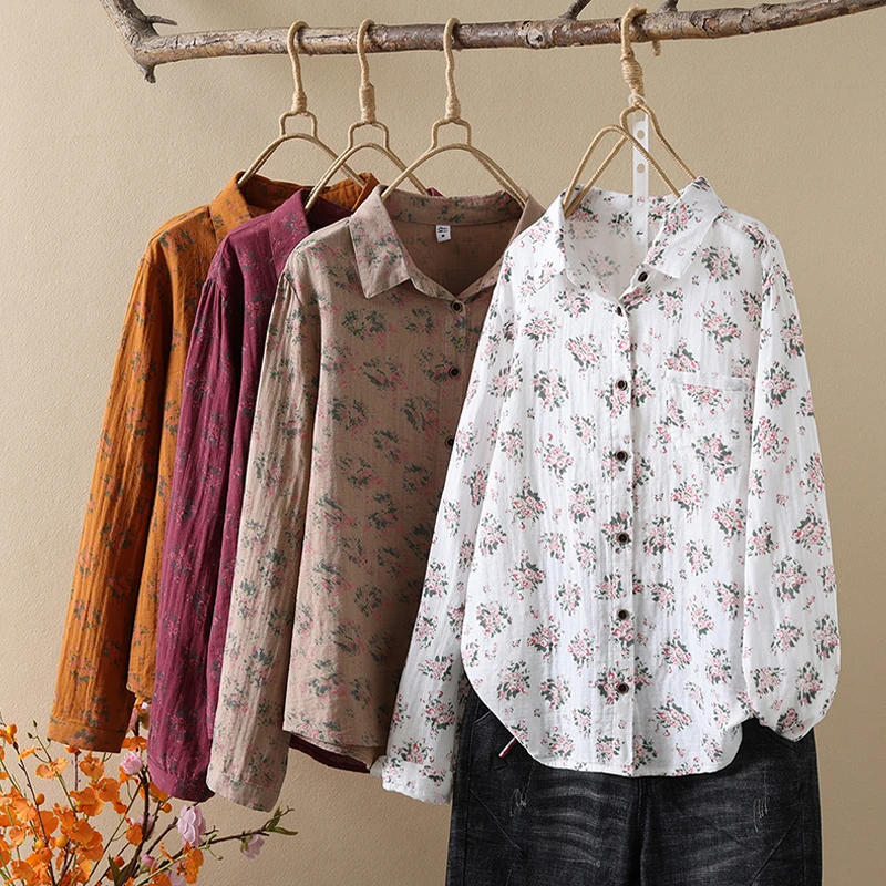 双层棉纱长袖印花衬衫女秋季新款小个子宽松显瘦文艺大码纯棉衬衣