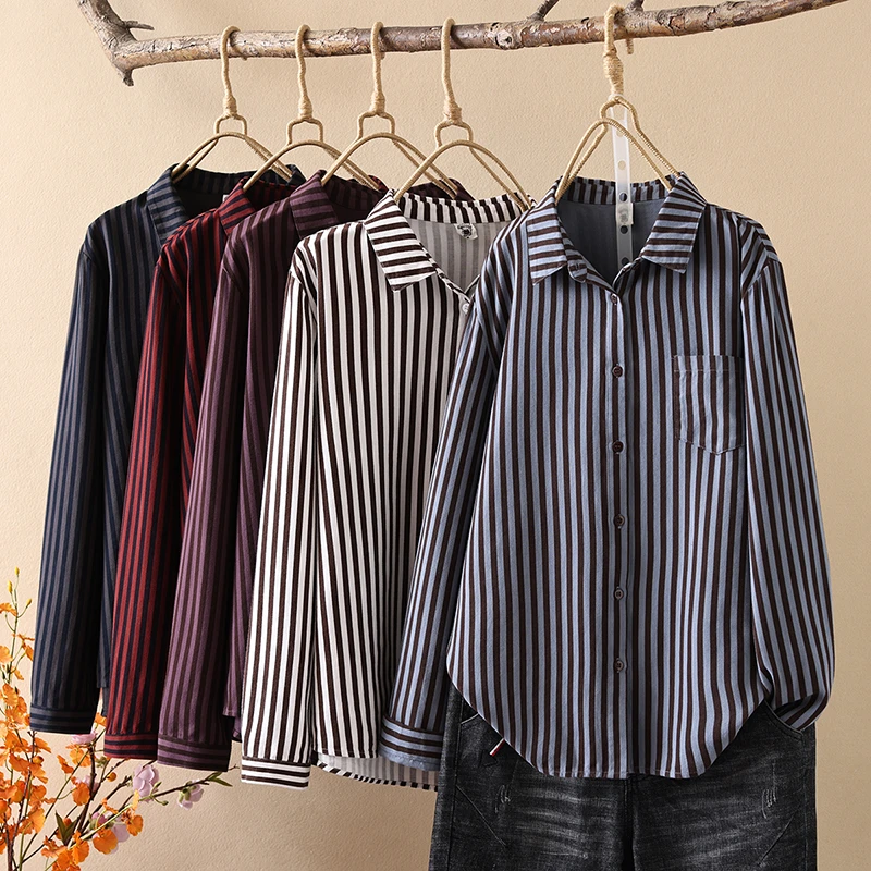 加厚磨毛纯棉条纹衬衫女秋冬新款宽松显瘦百搭打底长袖衬衣上衣