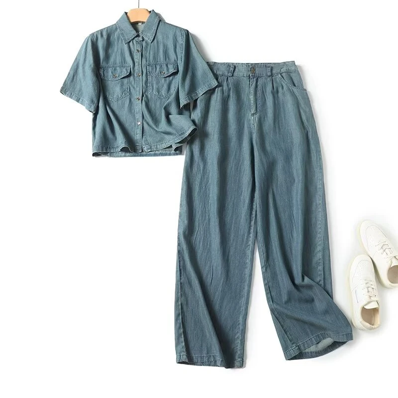 薄款棉麻牛仔套装女夏季新款宽松显瘦高腰阔腿裤直筒长裤两件套