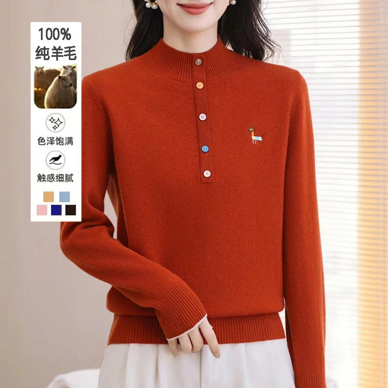 100%绵羊毛打底衫洋气妈妈半高领毛衣女时尚保暖羊毛衫全毛针织衫