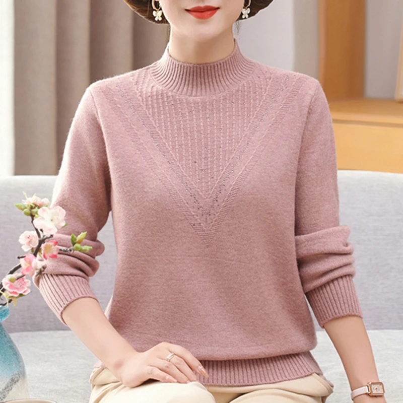 毛衣女半高领加厚中老年妈妈装秋冬款针织打底衫大码宽松保暖上衣