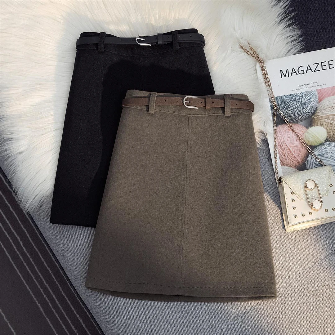2025春秋新款韩版chic毛呢高腰厚型短裙遮肉显瘦半身裙女不送腰带