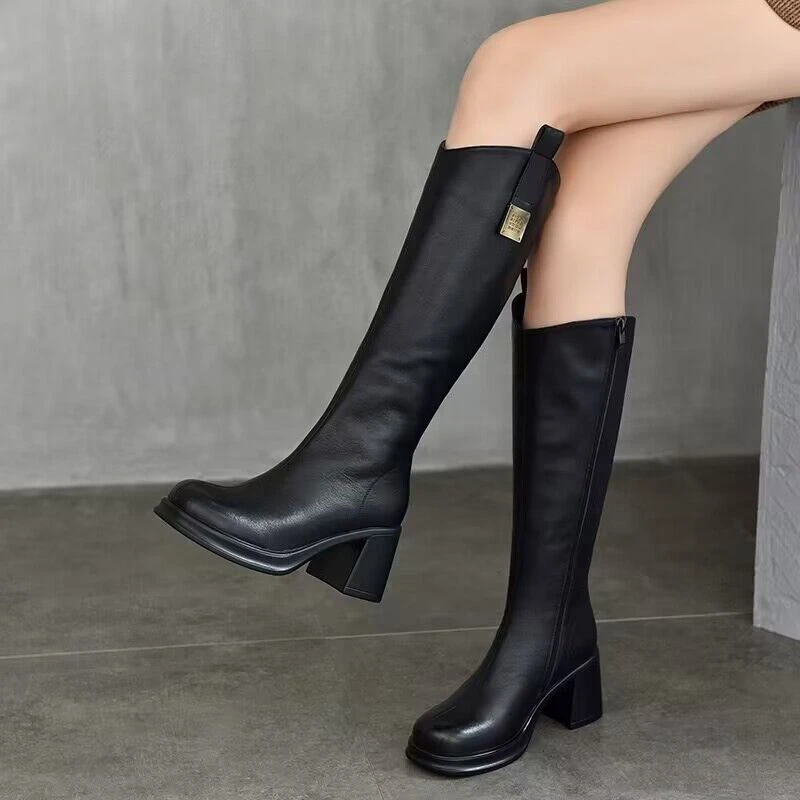 真皮长靴女不过膝高筒靴秋冬高跟粗跟骑士靴百搭时尚大筒围长筒靴