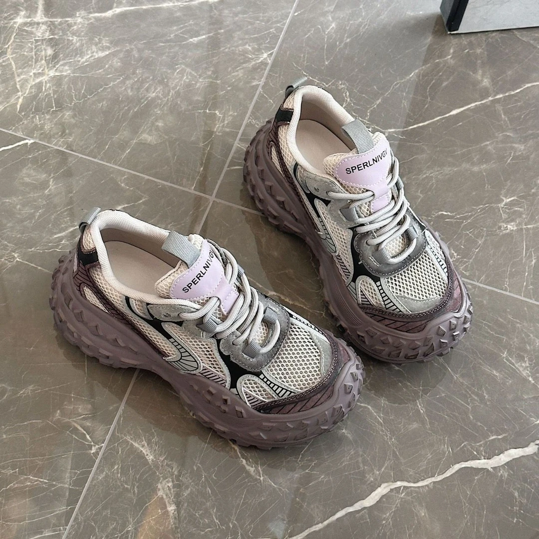 夏季轻奢高端欧货镂空真皮老爹鞋女潮酷榴莲底厚底运动网面休闲鞋