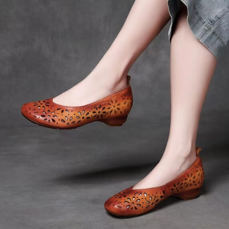 真皮镂空浅口单鞋女夏季新款复古擦色低跟软底妈妈鞋一脚蹬洞洞鞋