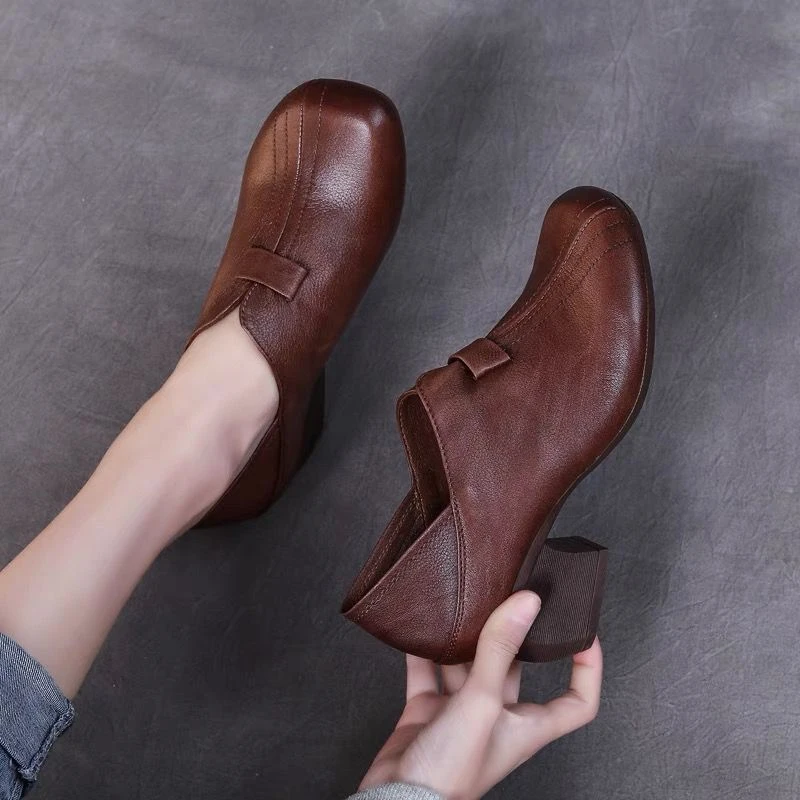 粗跟真皮单鞋女中跟女士皮鞋2022春秋新款民族风套脚牛皮妈妈鞋