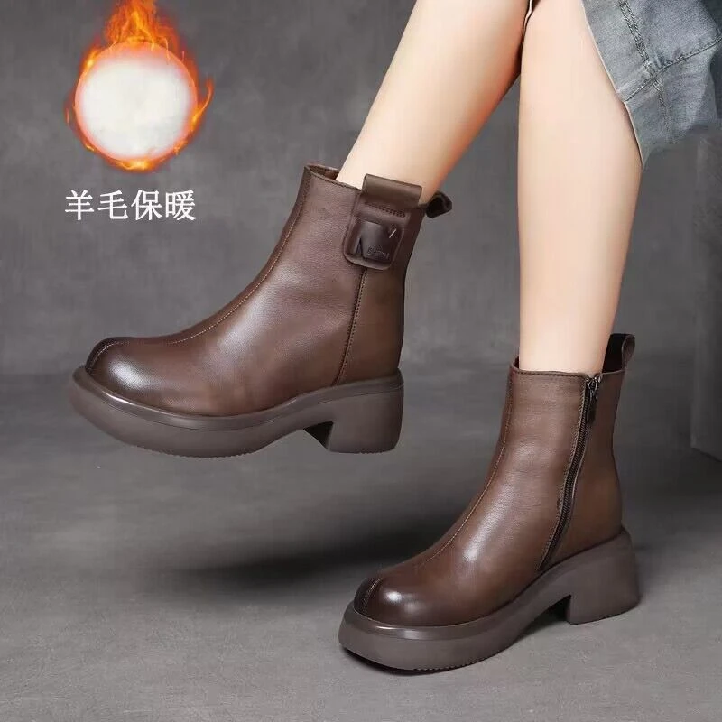 真牛皮羊毛靴防寒羊皮毛一体厚底短靴女冬季加绒加厚女靴妈妈棉鞋