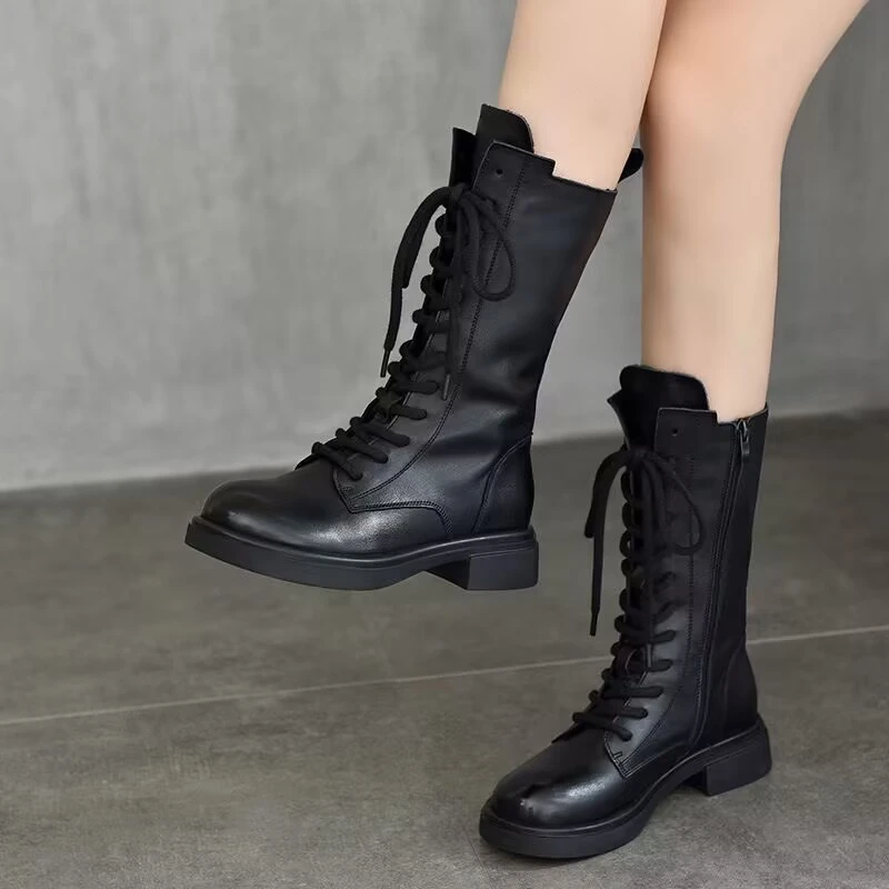 真皮中筒马丁靴子女长筒靴高筒靴女2025秋冬新款厚底女士加绒棉靴