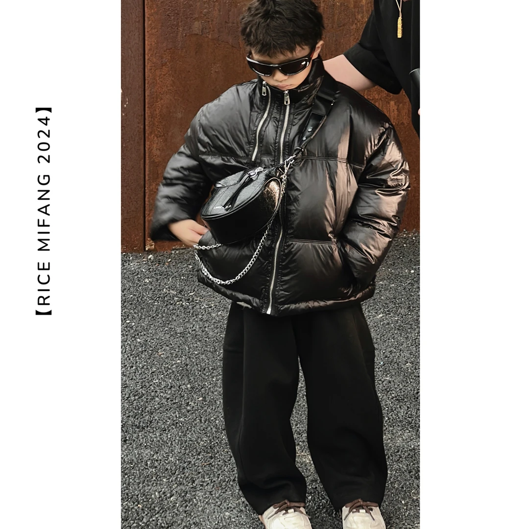 双拉链羽绒外套 短板哑光微亮面 冬季百搭面包羽绒服110-170