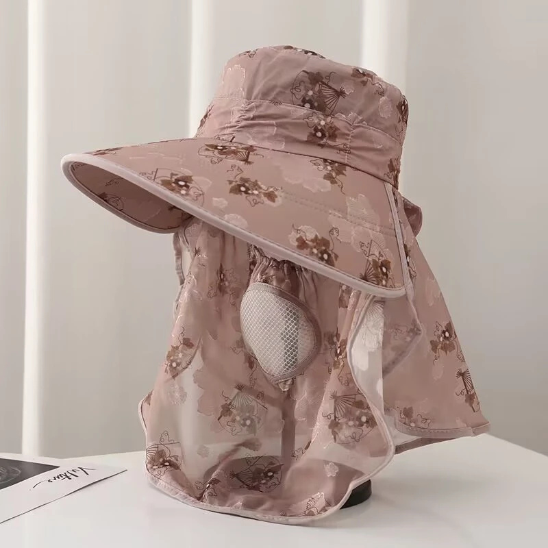 凉感冰丝面料防晒帽子女夏季遮脸太阳帽大沿百搭紫外线采茶遮阳帽