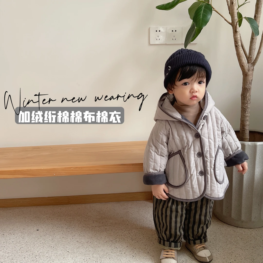 12.4【高级灰】婴幼儿连帽棉衣宝宝加厚外套带帽绗棉