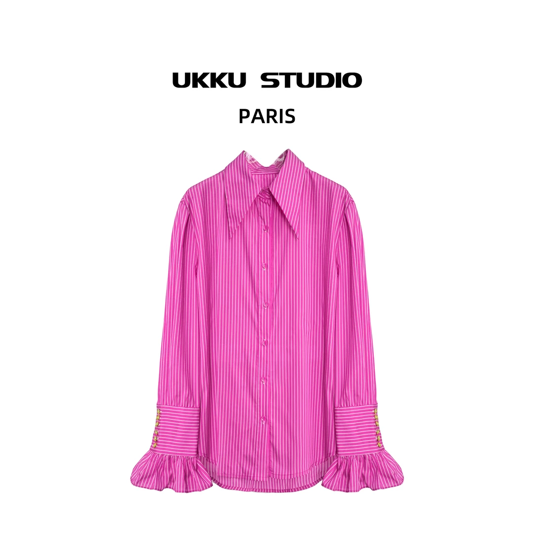呦呦【UKKU STUDIO】小众设计感粉色条纹扣袖衬衫轻奢潮上衣211663