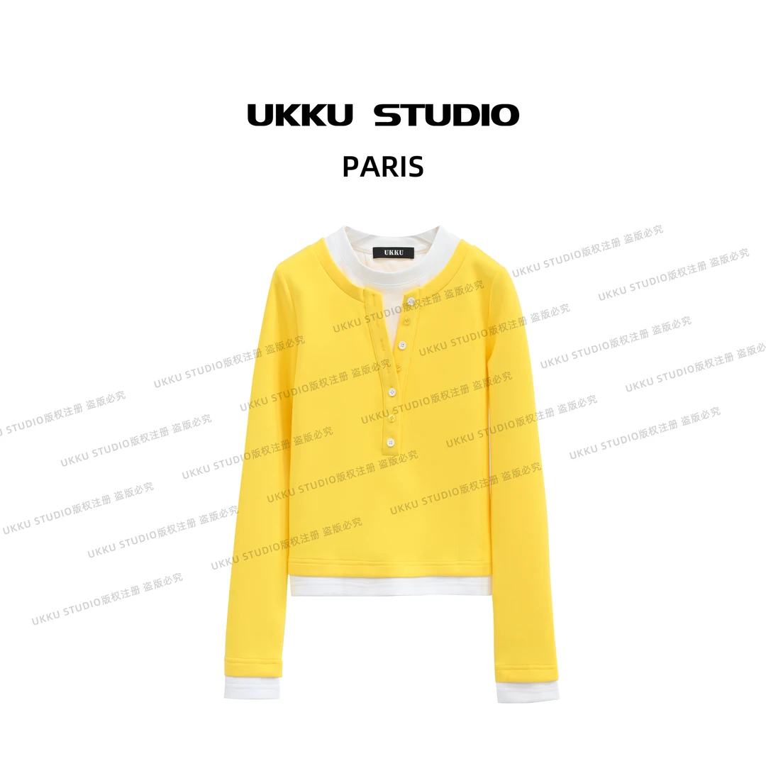 【UKKUSTUDIO】秋季气质感穿搭显白舒适黄白拼接假两件卫衣513165
