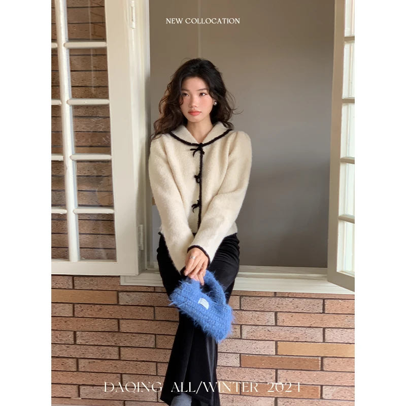 许大晴【山茶漫】复古气质羊毛撞色蝴蝶结毛衣女D4A120