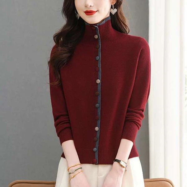 安可拉红色毛衣女针织衫高领彩扣上衣时尚洋气打底羊毛衫翻领内搭